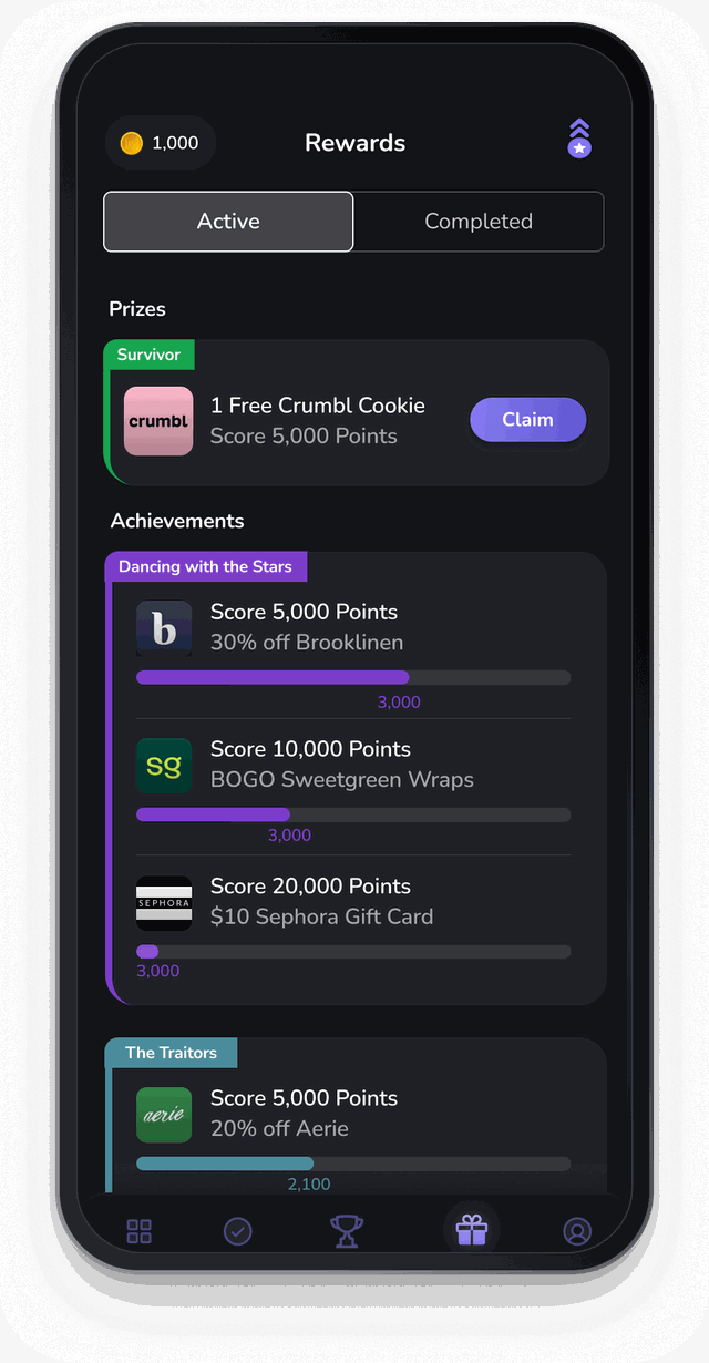 The Bracketology Rewards screen showing achievements and prizes