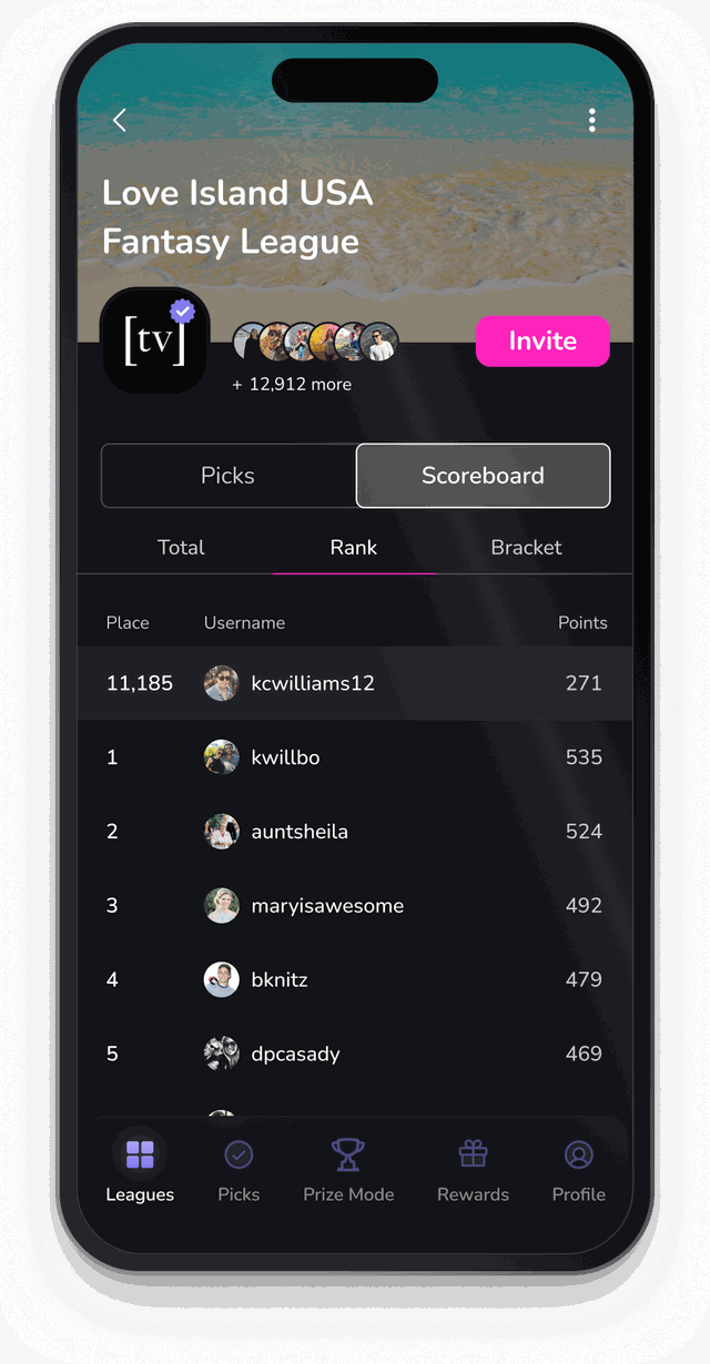 The Love Island fantasy league page on Bracketology