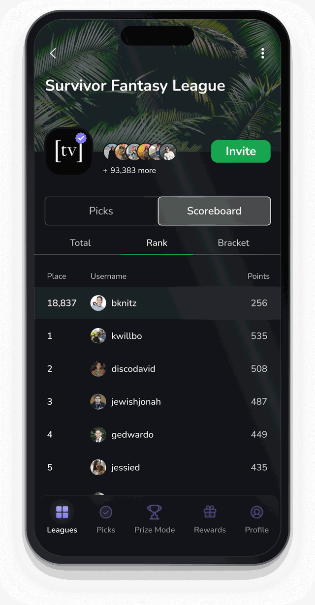 The Survivor fantasy league page on Bracketology
