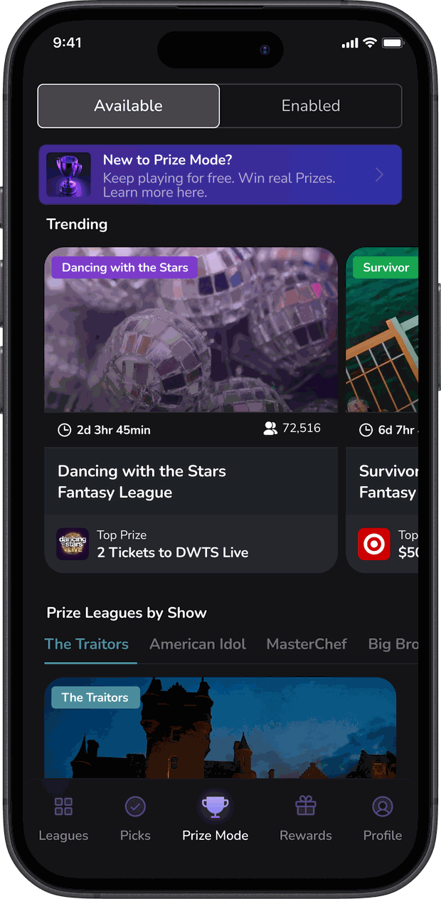 The Bracketology app Prize Mode screen showing trending Prize Leagues